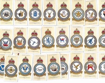 50 Vintage Cigarette Cards - RAF Badges. 1937. Full Set. John Player Tobacco cards Trade cards. Royal Air Force Military History Gift