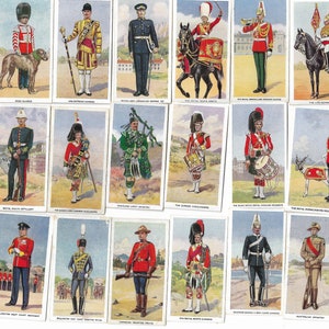 36 Vintage Zigaretten Karten - Soldaten des Königs. 1939. Komplettes Set. Gottfried Phillips. Britische Geschichte Militärregimenter Uniformen Geschenk