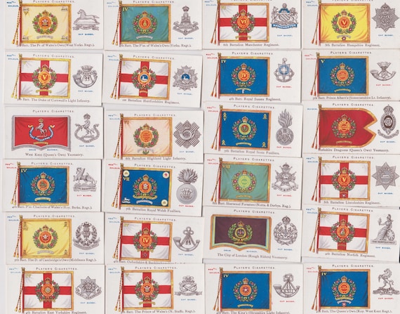 players cigarette cards regimental uniforms 50 Vintage Cigarette Cards - Regimental Colours & Cap Badges  (territorials). 1910. Full Set. John Player. Territorial Army Military  Uniforms