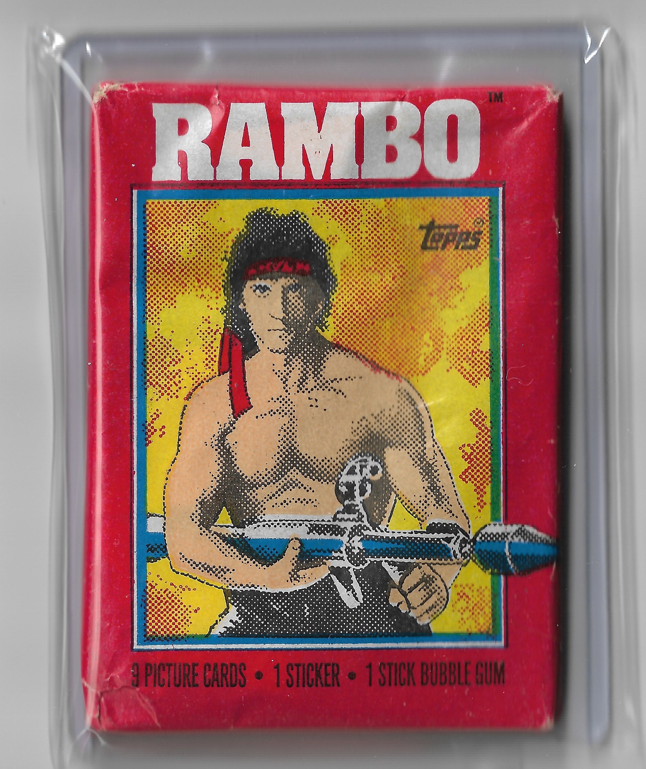 1985 TOPPS RAMBO FIRST BLOOD PART II UNOPENED CARD PACK 9 CARDS 1 STICKER 