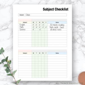 May include: A printable subject checklist with a light blue, pink, and yellow color scheme. The checklist includes a section for student name, subject, days of the week, and notes. The checklist is designed to help students stay organized and on track with their schoolwork.
