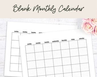 Blank Monthly Calendar Printable, Minimalist, Wall Calendar, Desk Calendar, Sunday and Monday Start, Lined Calendar, Instant Download