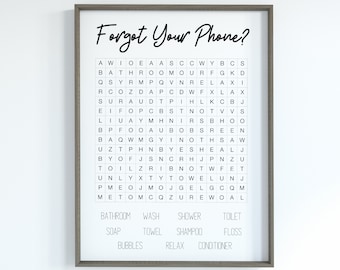 Decoração engraçada de parede de banheiro, jogos para imprimir, decoração de parede de banheiro, Esqueceu seu telefone? Banheiro infantil, arte de parede, download instantâneo, busca de palavras