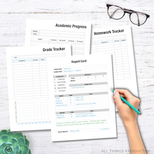 May include: A printable report card template with sections for student name, grading period, attendance, subject grades, cursive writing, student goals, and notes. The template includes a grading scale and a section for teacher signature and date.
