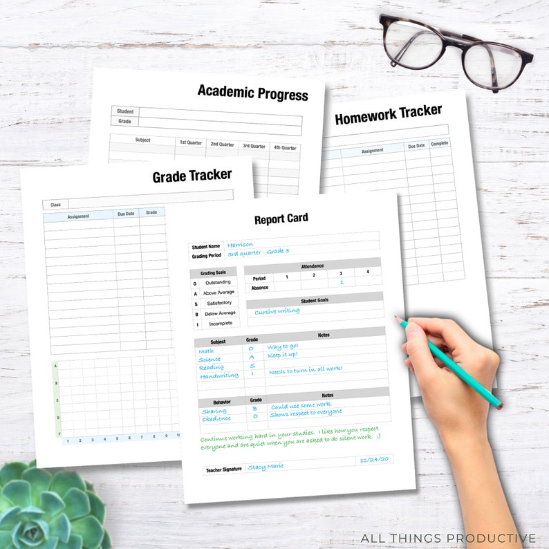 May include: A printable report card template with sections for student name, grading period, attendance, subject grades, cursive writing, student goals, and notes. The template includes a grading scale and a section for teacher signature and date.