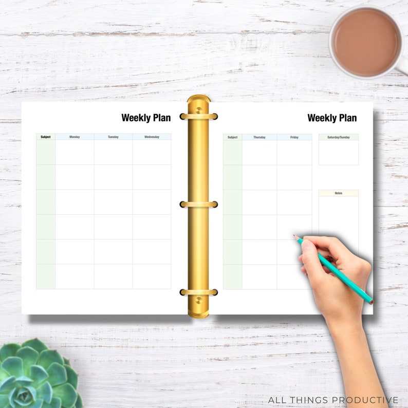 May include: A weekly planner with a gold binder. The planner has two pages, one for Monday to Wednesday and the other for Thursday to Sunday. The planner has sections for subject, notes, and time slots.