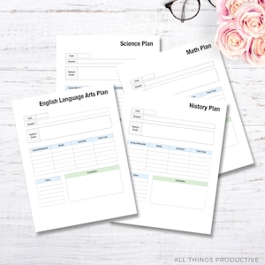 May include: Four printable lesson plan templates for English Language Arts, Science, Maths, and History. Each template includes sections for date, student, today's goals, books/materials, media, activities, field trips, other, and evaluation.