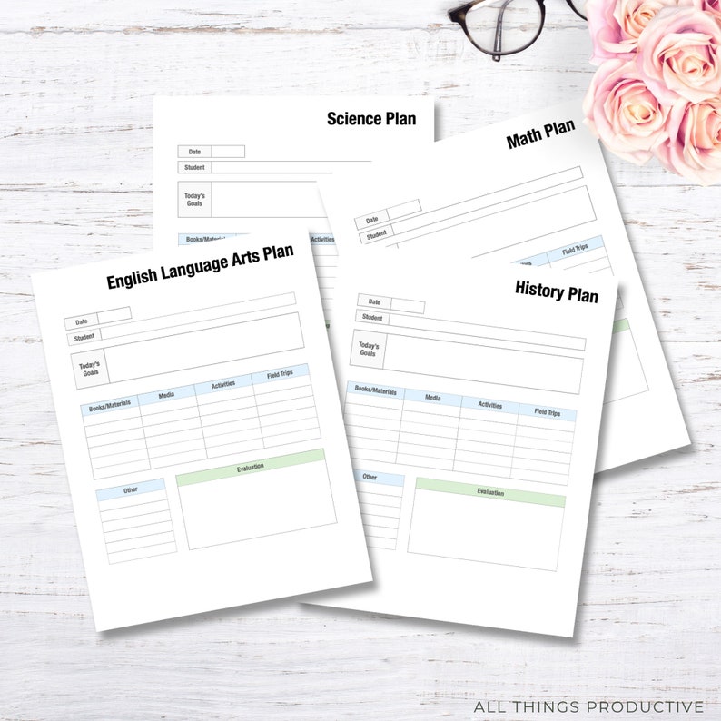 May include: Four printable lesson plan templates for English Language Arts, Science, Maths, and History. Each template includes sections for date, student, today's goals, books/materials, media, activities, field trips, other, and evaluation.