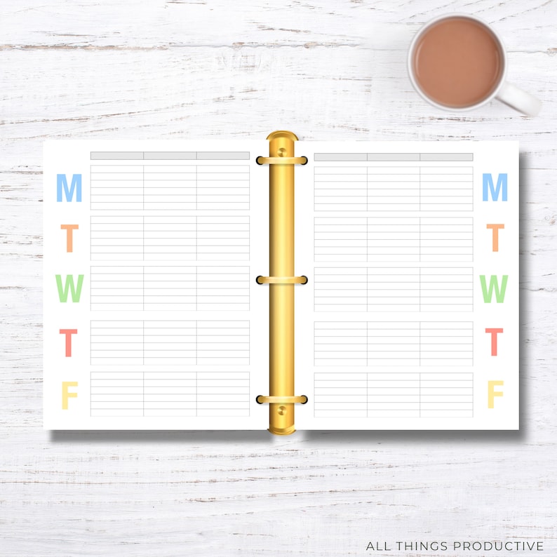 May include: A weekly planner with a gold binder. The days of the week are labelled with colourful letters: Monday (blue), Tuesday (green), Wednesday (orange), Thursday (pink), Friday (yellow).