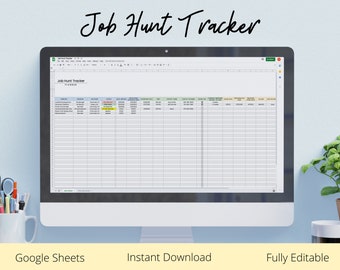 May include: A computer screen displaying a Google Sheets spreadsheet titled "Job Hunt Tracker Planner". The spreadsheet has columns for job title, company, application date, contact information, and other relevant details. The spreadsheet is on a white background with a blue border.