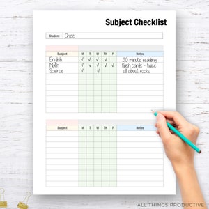 May include: A printable checklist for students to track their schoolwork. The checklist includes a section for the student's name, subject, days of the week, and notes. The checklist is designed to help students stay organized and on top of their schoolwork.
