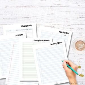 May include: A set of printable worksheets for organising reading lists, library books, family read alouds, and spelling words. The worksheets are on white paper with black text and blue lines.
