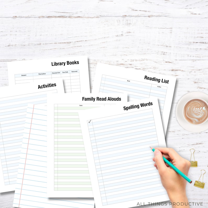 May include: A set of printable worksheets for organising reading lists, library books, family read alouds, and spelling words. The worksheets are on white paper with black text and blue lines.