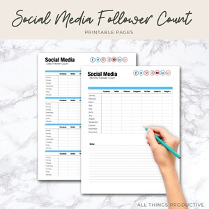 May include: Printable social media tracker pages with a blue and white color scheme. The pages include sections for daily and monthly follower counts for Facebook, Twitter, Pinterest, Instagram, YouTube, LinkedIn, and Google+. The pages also include a notes section.