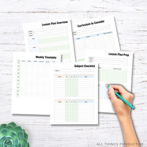 May include: Printable teacher planner pages with a light blue, green, and pink colour scheme. The pages include sections for lesson plan overview, curriculum to consider, lesson plan prep, weekly timetable, and subject checklist.