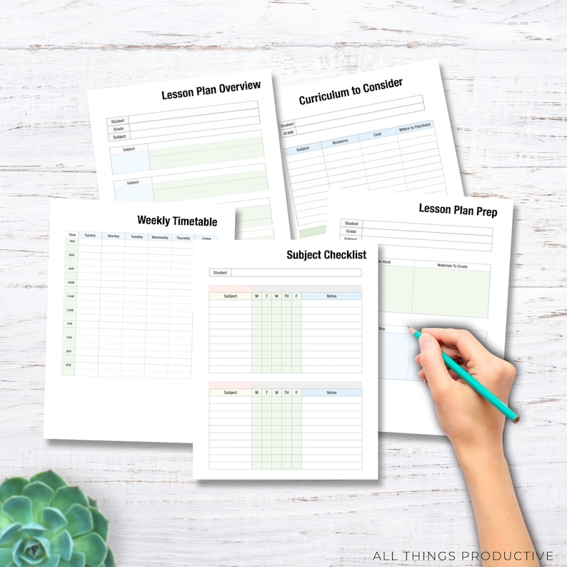 May include: Printable teacher planner pages with a light blue, green, and pink colour scheme. The pages include sections for lesson plan overview, curriculum to consider, lesson plan prep, weekly timetable, and subject checklist.
