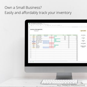 May include: A computer screen displaying a spreadsheet with the title "Inventory Management Tracker". The spreadsheet is organized into columns with headings such as "Status", "Description", "Inventory Link", "In Stock", "Cost", "Storage Location", "Inventory Count", and "Inventory Value". The spreadsheet is dated April 16, 2021.