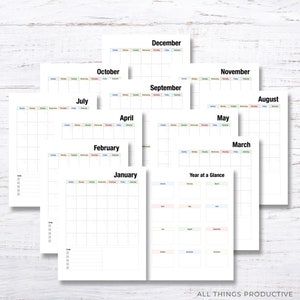 May include: A printable calendar set with a year at a glance page and individual monthly pages for January through December. Each month is colour-coded with a different pastel colour. The calendar is designed for personal use and organisation.