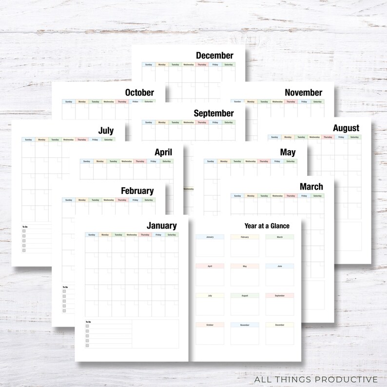 May include: A printable calendar set with a year at a glance page and individual monthly pages for January through December. Each month is colour-coded with a different pastel colour. The calendar is designed for personal use and organisation.