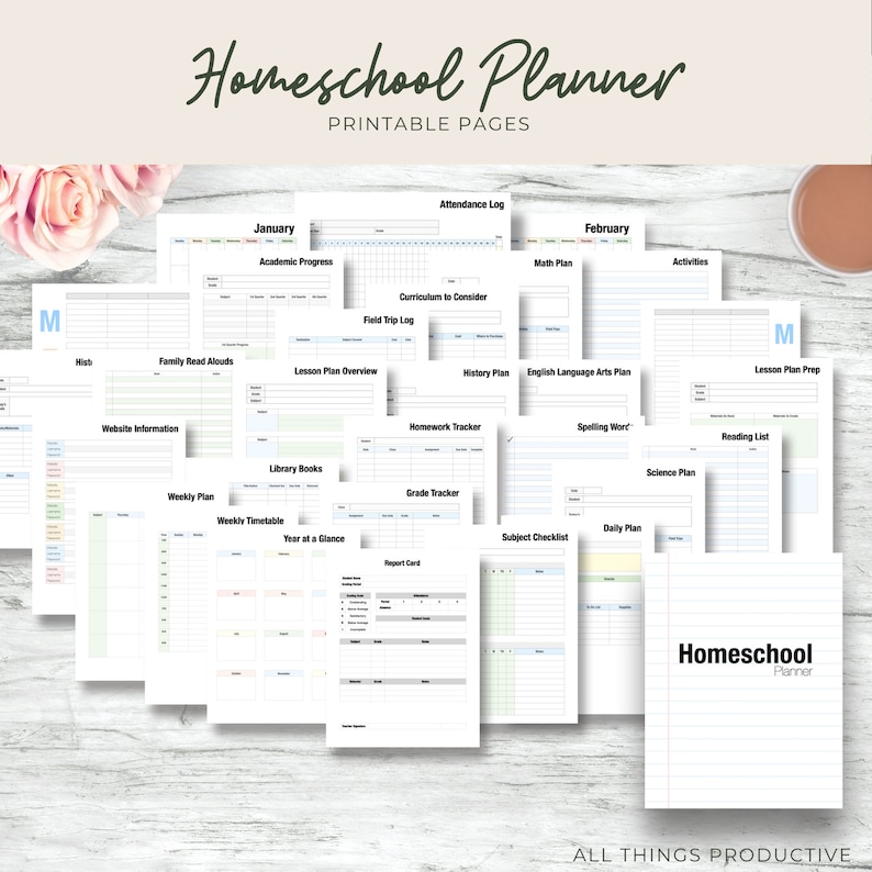 May include: A set of printable homeschool planner pages featuring a range of layouts and designs. The pages include sections for attendance, curriculum, lesson plans, homework, grades, and more. The pages are designed to help homeschool families stay organised and on track.
