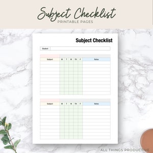 May include: Printable subject checklist with two sections for listing subjects, days of the week, and notes. The checklist has a light blue, light pink, and light yellow color scheme.