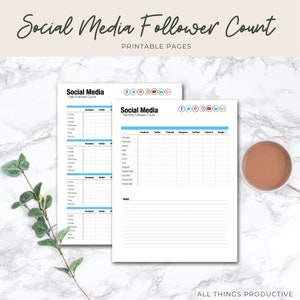 May include: Printable social media follower count tracker with daily and monthly sections. The tracker includes columns for Facebook, Twitter, Pinterest, Instagram, YouTube, LinkedIn, and Google+. The tracker is designed to help users track their social media growth.
