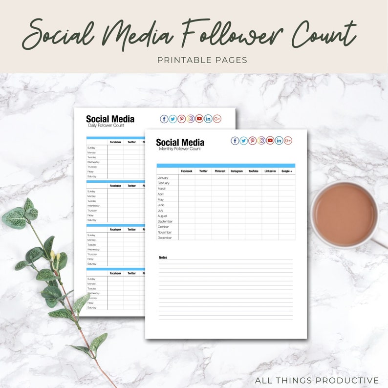 May include: Printable social media follower count tracker with daily and monthly sections. The tracker includes columns for Facebook, Twitter, Pinterest, Instagram, YouTube, LinkedIn, and Google+. The tracker is designed to help users track their social media growth.