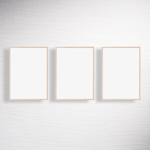 Puede incluir: Tres marcos de fotos vac&iacute;os con marcos de madera clara colgados en una pared blanca texturizada.