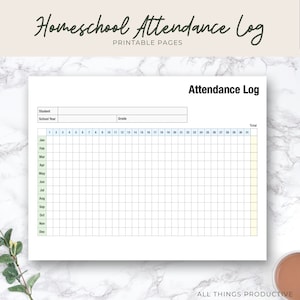 May include: A printable homeschool attendance log with a grid for recording student attendance by month and day. The log includes fields for student name, school year, and grade.