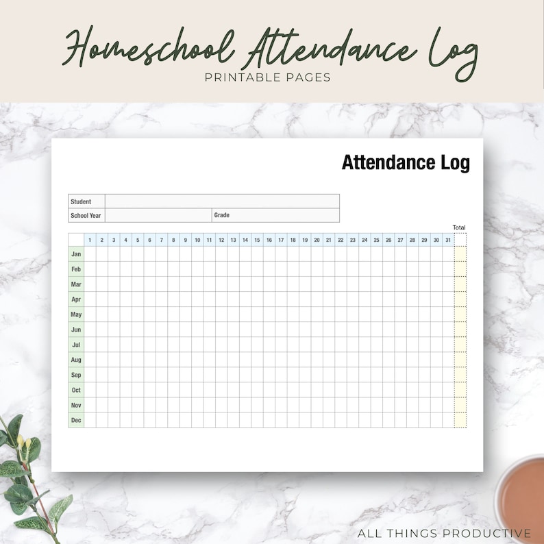 May include: A printable homeschool attendance log with a grid for recording student attendance by month and day. The log includes fields for student name, school year, and grade.