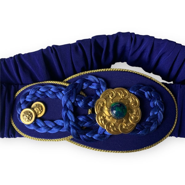 Vintage 80s Statement Waist Belt Blue with Gold Accents- 26-29" Waist / Small/ Glam/ Preppy/ Mod/ Midcentury Modern/ Regency/ Bohemian