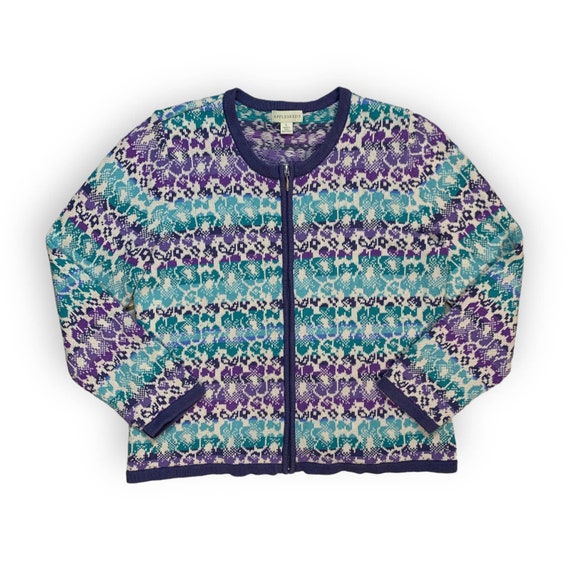 Vintage Appleseeds Knitted Purple and Teal Floral Full Zip