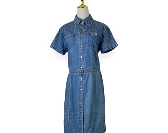 Vintage 90s Carolina Blue Jean Denim Short Sleeve Snap Button Midi Dress- Medium