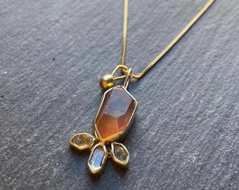 Creativity crystal - tangerine quartz and tiny herkimer diamonds pendants | raw crystal jewelry | handmade | natural crystal necklace