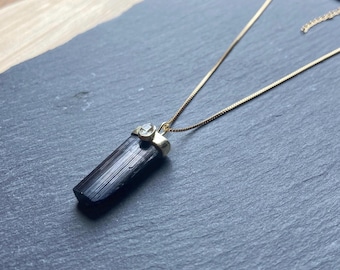 Black tourmaline and double termineted quartz necklace | crystal pendant | protection crystal | handmade jewelry |  raw black tourmaline |