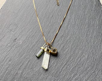Groei- en Overvloedketting – Groene Toermalijn, Heliodor en Herkimer Diamant | handgemaakte sieraden | sieraden met ruwe kristallen | natuurstenen