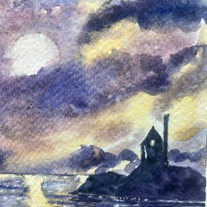 May include: Watercolor painting of a coastal scene at dusk. The sky is a blend of purples, yellows, and blues, with a bright moon. A dark silhouette of a building and landmass is in the foreground, reflecting in the water.