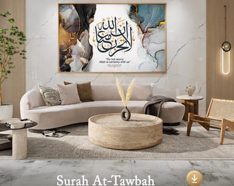 Surah At-Tawbah Islamic Wall Art | Arabic Calligraphy, Neutral Gold Abstract (Digital Download)