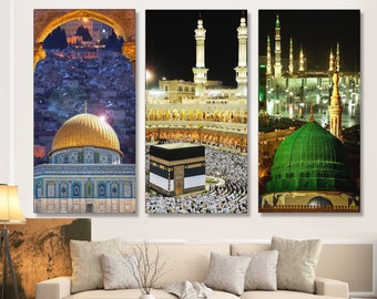 Three Holy Mosques - Masjid Al Aqsa, Masjid Al-Haram & Masjid An-Nabawi Islamic Wall Art | Kaaba Wall Decor | Islam Wall Art Arabic Decor