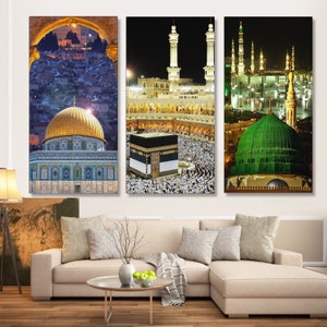 Three Holy Mosques - Masjid Al Aqsa, Masjid Al-Haram & Masjid An-Nabawi Islamic Wall Art | Kaaba Wall Decor | Islam Wall Art Arabic Decor