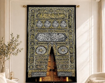 Kaaba Kiswah Tapestry | Sacred Mecca Door Islamic Wall Decor | Large Hanging Textile Print| Black & Gold Spiritual Islamic Home Art