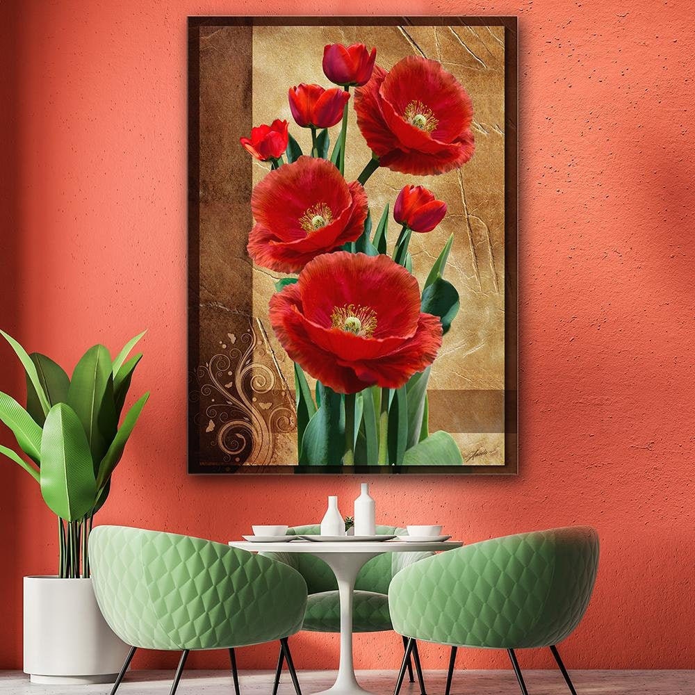 Red Flower Framed Canvas Home Artwork Decoration Abstract Etsy