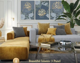 Islamic 3 Panel Wall Art Set Printable | Alhamdulillah Subhanallah Allahu Akbar | Digital Download Decor