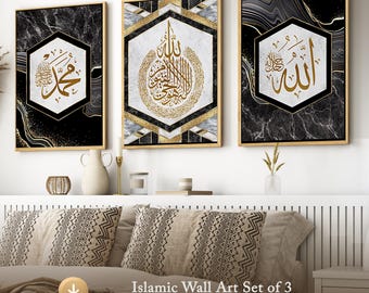 Islamic Triptych Wall Art | Kaaba Inspired Gold Black Decor (Digital Download)