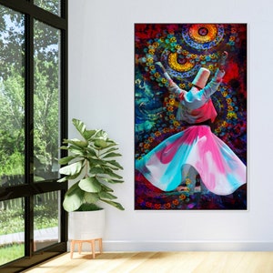 Turkish Whirling Dervish Sufi Art, Turkish Mystic Dance Framed Canvas Print- Mystical Rumi-inspired Wall Art, Turkish Tradition in Artistry