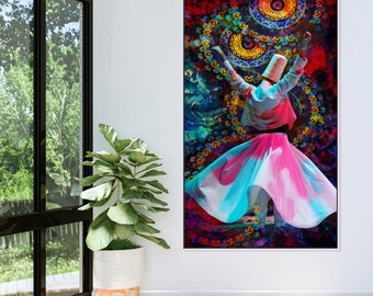 Turkish Whirling Dervish Wall Art | Sufi Dance Print | Islamic Canvas Framed or Poster Decor