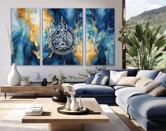 Ayat ul Kursi Triptych Wall Art – Islamic Canvas Set | Blue Gold Calligraphy | Muslim Home Decor