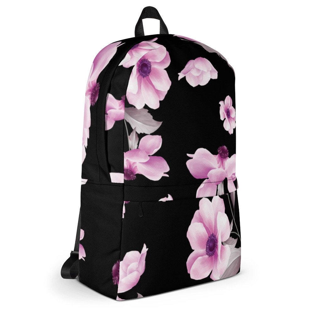 Pink Floral On Black Backpack Back To School Bag Unisex | Etsy