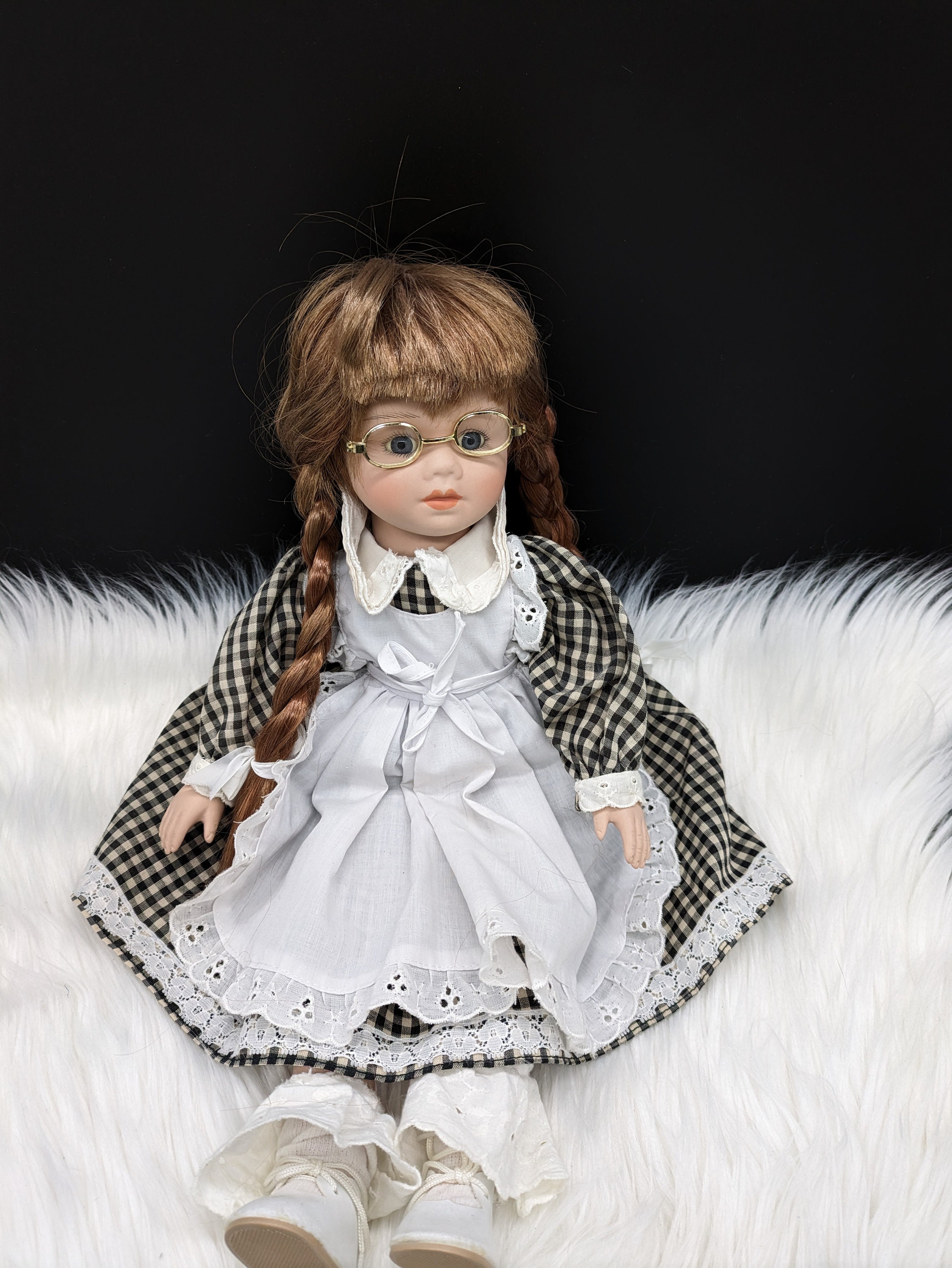 Vintage Doll With Pigtails, Glasses and a Checkered Dress - Etsy