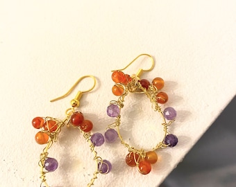 Amethyst orange topaz earrings chandelier dangle natural gemstone